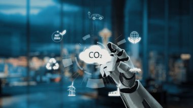 Fütürist bir robot el, karbondioksit azaltımı, sürdürülebilirlik ve temiz enerji gibi çevresel temalar sergileyen dijital simgelerle uğraşır. Auvana