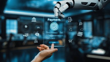 Finansal işlemlerdeki modern teknoloji ve güvenliği ön plana çıkaran dijital ödeme arayüzü üzerinde bir robot eli asılı duruyor. Auvana