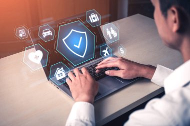 Sağlık, seyahat, ev, araba, hayat ve mali güvenliği kapsayan güvenlik ve sigorta kavramı, güven ve politika güvencesinin vurgulanması