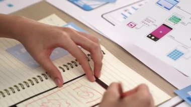 Mobil uygulama ya da web sitesi için kullanıcı arayüzü prototipi planlayan şirket çalışanlarının panorama videosu. UX UI tasarım beyin fırtınası kullanıcı dostu arayüz planı tasarlıyor. Sinerjik