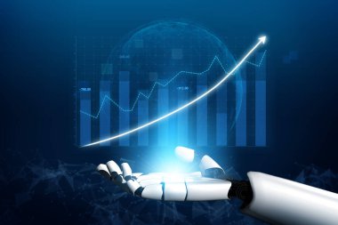 Fütürist bir robotik el veri analizlerinin ve finansal büyümenin görsel bir temsilini sergiliyor. Bu görüntü yeniliğin ve teknolojinin özünü yakalar. Etki