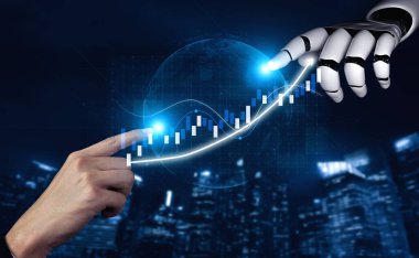 İnsan dokunuşu ve robot teknolojisi arasındaki işbirliğini gösteren çarpıcı bir görsel tasvir parlayan bir finansal grafik üzerinde, iş dünyasındaki yeniliği sembolize ediyor. Etki
