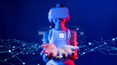 Yapay zeka mühendisliği, büyük veri ve yapay zeka makinesi kavramında yapay zeka beyin işlemcisiyle iş desteği için üretken yapay zeka kullanmayı öğrenen insan etkileşimi. EIDE