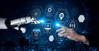 Derin öğrenme, denetimli modeller ve NLP ile çalışan yapay zeka öğrenme sistemi. Diyagram, yapay zekanın otomasyon, veri işleme ve kendini geliştirme yoluyla nasıl öğrendiğini gösteriyor. ayrım