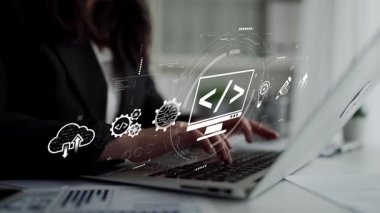 Kodlama sembolleri, web geliştirme süreci, web geliştirme arayüzü ve web geliştirme araçlarını içeren modern web geliştirme kavramı. Muxer