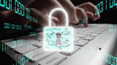 Dijital güvenlik temalarını gösteren, üst üste bindirilmiş bir kilit ikonu ve çeşitli veri görselleştirmeleri olan bir klavyeye yazı yazan, siber koruma ve güvenliği vurgulayan resimler. Xenic