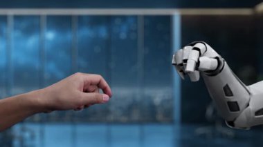 İnsan eli, modern bir ortamda, insan yaratıcılığı ile yapay zekadaki gelişmiş teknoloji arasındaki bağlantıyı sembolize eden zarif bir robot ele yaklaşır. Auvana