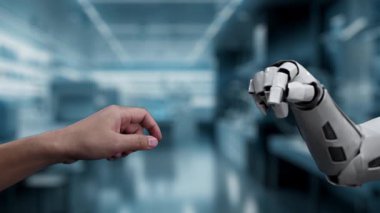 Robot ve insan eliyle insan anatomisi ikonunu işaret ediyor. Robot el ve insanın birlikte çalışırken röntgen hologramıyla bulanık labaratuvarı işaret etmesine yakın çekim. Sağlıklı..