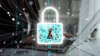 Bu resim, dijital çağda veri korumanın önemini vurgulayan çeşitli teknoloji sembolleriyle çevrili parlak bir kilit ikonu ile dijital güvenliği gösteriyor. Xenic