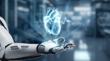Robotun elini kapat, avuç içini aç ve kalp hologramı yüzsün. Tıbbi verilerle teşhis koymaya bağlıyken kalp hologramını gösteren ve tutan eller. Genetik konsept. Sağlıklı..