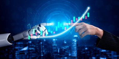 İnsan Eli ile Robotik El Arasındaki Geleceğin Etkileşimi, Teknoloji ve Mali Büyümeyi Dijital Grafik Örtüsü İle Göstermektedir.