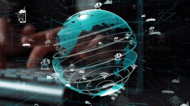 Modern dünyada teknolojiyi ve küresel iletişimi sembolize eden, yenilikleri ifade eden ağ simgeleriyle dijital bir dünyanın büyüleyici bir görsel temsili. Xenic