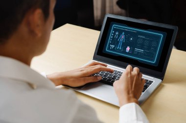 Tıp bilimi teknolojisi ve fütüristik sağlık sanal bilgisayar yazılımı insan sağlığını analiz ediyor ve doktor verileri ve tıbbi araştırmalar için hastalık teşhisi koyuyor. canlı