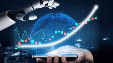 Finansal büyüme grafiğini gösteren bir akıllı telefona ulaşan robot bir el, modern dijital ortamda teknoloji ve finans kavşağını gösteriyor. Copula