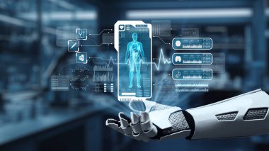 İnsan anatomisini gösteren ve bulanık laboratuvar geçmişine sahip robot el işaretlerini kapat. Robot el, tıbbi verileri teşhis semptomlarına bağlamak için x ray gösterge paneline tıklıyor. Sağlıklı..