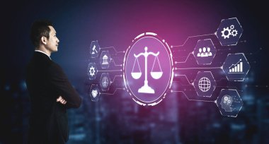 Adalet ölçeğini gösteren fütürist dijital hukuk arayüzü, dijital hukukun altını çizen, AI uyumu, dijital hukuk sistemleri ve güvenli yönetim için dijital hukuk düzenlemeleri. Eğri