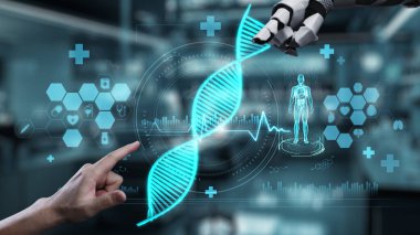Robot ve insan elini uzatıyor ve yüzen DNA hologramıyla işaret ediyor. Bulanık laboratuvar geçmişini işaret ederken robot el ve insanın birlikte çalışmasını kapat. Sağlıklı..