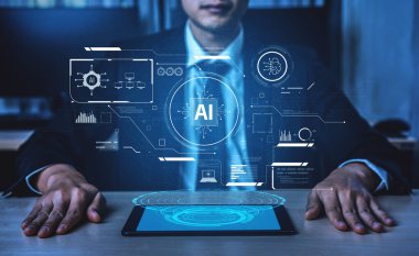 Yapay zekanın sistemlere nasıl güç verdiğini gösteren yapay zeka arayüzü. Yapay zeka verileri dönüştürür, otomasyonu sağlar ve yapay zeka yenilikleri harekete geçirir. Kefil