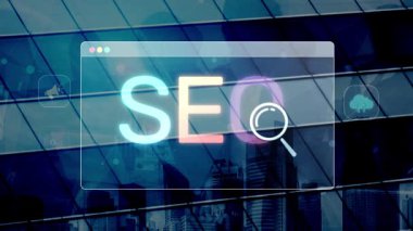 SEO görünürlüğünü geliştirmek için SEO konsepti, SEO ile ilgili dijital araçlar ve SEO performans simgeleri stratejik pazarlama için odaklanmış bir planda gösteriliyor. Muxer