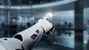 Robot bir el, modern çalışma alanındaki yenilikleri ve teknolojik ilerlemeyi sembolize eden gösterişli bir ofisteki dijital roket ikonlarına işaret ediyor. Auvana