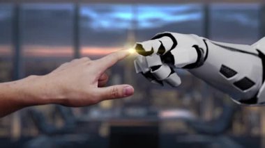 Bir insan eli robot ele doğru uzanır, iletişimi sembolize eder ve müşteri deneyimi hakkında geri bildirim yapar, teknolojinin ve kişisel etkileşimin karışımını gösterir. Auvana