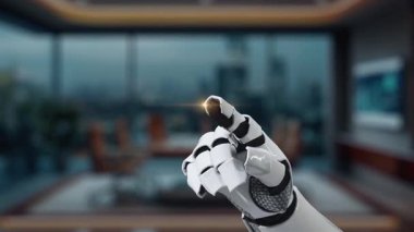 Gösterişli bir robot el gelişmiş bir dijital arayüzle etkileşime girer, çağdaş ofis ortamında veri analizleri ve içgörüleri ortaya çıkarır, teknoloji evrimini sembolize eder. Auvana