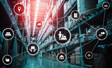 Paket toplama ve teslimatı tanımlamak için teknolojinin yenilikçi interneti olan akıllı depo yönetim sistemi. Gelecekteki tedarik zinciri ve lojistik ağ işi kavramı .