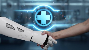 Robot elini kapat ve insan elini tıbbi çapraz hologramla sık. Yapay zeka ve insan birlikte çalışmak ya da bulanık laboratuarlarla yüzen çapraz hologramla anlaşma yapmak. Sağlıklı..