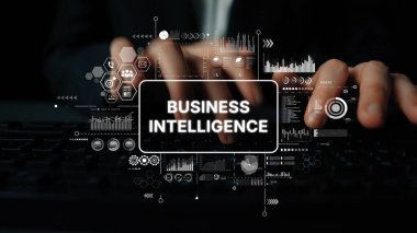 Klavyede İş Zekası Grafikleri ve Veri Görselleştirme Elementleri ile Klavyede Yazan Teknoloji Konsepti. Asemptotik akıllı veri analitiği.