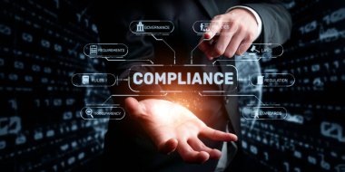 Yönetim, yasalar ve yönetmelikler gibi unsurlarla iş dünyasındaki uyumunu gösteren profesyonel bir konsept görüntüsü, dijital bir ortamda uyumun önemini vurguluyor. XDMCP