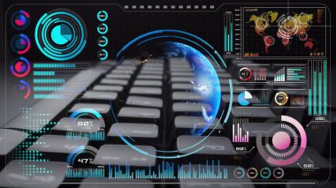 Dünya çapında dijital iletişimi, veri alışverişini ve internet bağlantısını gösteren yüksek teknolojili küresel ağ bağlantı arayüzü. Küresel bağlantı, veri etkileşimi ve dünya çapında iletişim. Thunk