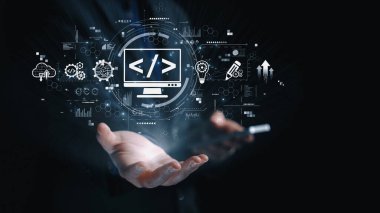 Kodlama sembolleri, web geliştirme süreci, web geliştirme arayüzü ve web geliştirme araçlarını içeren modern web geliştirme kavramı. Elide