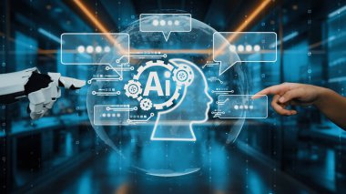 İnsan eliyle robot kol arasındaki etkileşimin çarpıcı bir tasviri, yapay zekanın modern iletişim ve teknolojiye entegrasyonunu gösteriyor. Auvana