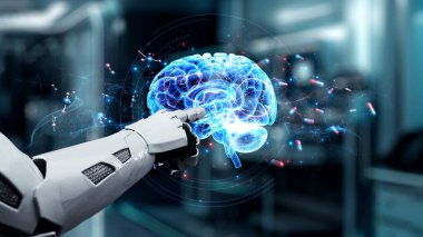 Bulanık laboratuvar arka planına sahip beyin hologramına robotik el gösterimi yap ve tıkla. Tıbbi verilere erişmek ve onları teşhis etmek için robot el beyin ikonuna tıklıyor. Sağlıklı..