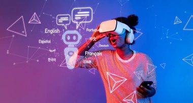 Sanal gerçeklik deneyimi yaşayan ve yapay zeka teknolojisiyle çalışan bir kullanıcıyla iletişimin geleceğini araştırın. XDMCP