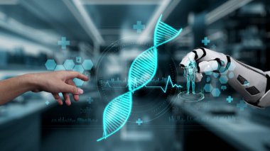 Robot ve insan elini uzatıyor ve yüzen DNA hologramıyla işaret ediyor. Bulanık laboratuvar geçmişini işaret ederken robot el ve insanın birlikte çalışmasını kapat. Sağlıklı..
