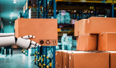 Yenilikçi endüstri robotu insan işçiler için depoda çalışıyor. Sanayi devrimi ve otomasyon üretim süreci için yapay zeka kavramı .