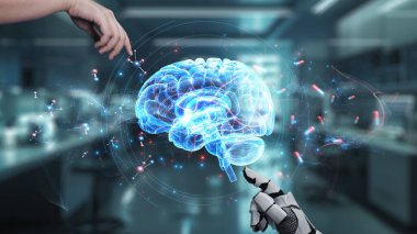Robot ve insan elini uzatıyor ve parmağıyla beyin simgesini havada yüzdürüyor. Laboratuvar geçmişi bulanıklaşırken robot el ve insanın birlikte çalışmasını engelle. Sağlıklı..