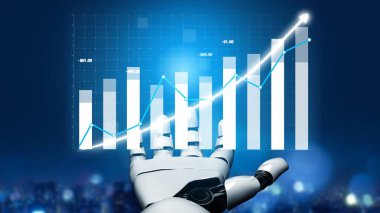 Teknoloji ve finans sektöründeki büyümeyi sembolize eden, ışıldayan dijital bir grafiğe ulaşan modern bir robot el, canlı bir şehir zeminine karşı duruyor. Copula