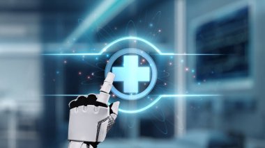 Tıbbi verilere ya da teşhis semptomlarına ulaşmak için robotik el işaretlerini kapatın ve tıbbi çapraz holograma tıklayın. Yapay zeka semptomları analiz ederken robot el çapraz kontrol yapıyor. Sağlıklı..