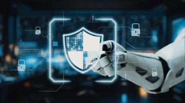 Fütürist bir robotik kol, teknolojik olarak gelişmiş bir kontrol odasında, siber güvenlik ve yeniliğin evrimini temsil eden bir dijital güvenlik kalkanı ikonu ile etkileşime girer. Auvana