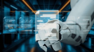 Yüksek teknolojili çalışma alanındaki şeffaf dijital belgelerle etkileşen robot bir elin yakın çekimi, otomasyon ve yeniliği vurgulayan çizelgeler ve raporlar sergileniyor. Auvana