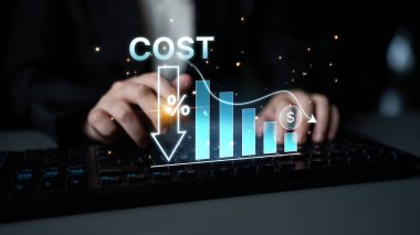 Dijital dönüşüm, iş maliyeti optimizasyonu, operasyonel maliyet azaltma, finansal tasarruf ve iş başarısı için kaynak verimliliği stratejileri yoluyla maliyet azaltma ve maliyet tasarrufu. Eğri