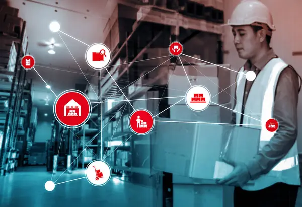 Paket toplama ve teslimatı tanımlamak için teknolojinin yenilikçi interneti olan akıllı depo yönetim sistemi. Gelecekteki tedarik zinciri ve lojistik ağ işi kavramı .