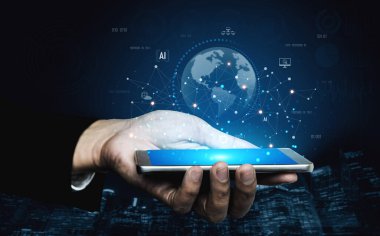 Küresel AI ağı, dijital dünya üzerindeki AI, küresel ve ağ elemanları arasındaki bağlantıyı göstermektedir.