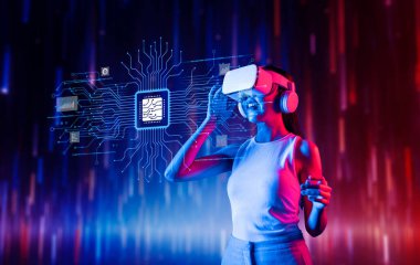 Sanal gerçekliğe dalmış, kulaklık takan, parıldayan yapay zeka grafikleriyle etkileşime giren, teknoloji, yaratıcılık ve insan deneyimini canlı bir ortamda sergileyen bir kadın. XDMCP