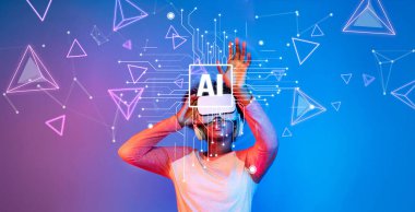 Bu canlı görüntü, bir insanın sanal gerçeklik teknolojisi ve dijital grafiklerle modern ortamdaki etkileşimi yoluyla yapay zeka kavramını gösteriyor. XDMCP