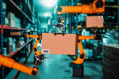 Yenilikçi depo ve fabrika dijital teknolojisi için akıllı robot kol sistemi. İnternet ağına bağlı IOT yazılımı kullanarak endüstri mühendisliği tarafından kontrol edilen otomasyon üretim robotu .