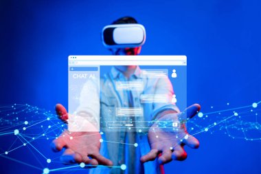 Yapay zeka sanal asistanı Chatbot ile yapay zeka konsepti ile insan etkileşimi, yapay zeka mühendisliği, LLM yapay zeka derin öğrenimi iş desteği için üretken yapay zeka kullanımı. EIDE