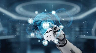 Fütürist bir robot el, veri etkileşimine odaklanmış modern, yüksek teknolojili bir ortamda küresel bağlantıları ve teknolojik yeniliği sembolize eden dijital bir küreye uzanır. Auvana